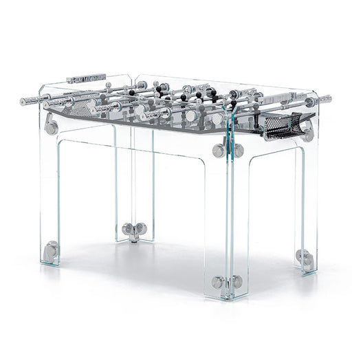 Diagonal view showcasing the sleek design and transparent structure of the Teckell Cristallino Black Foosball Table.