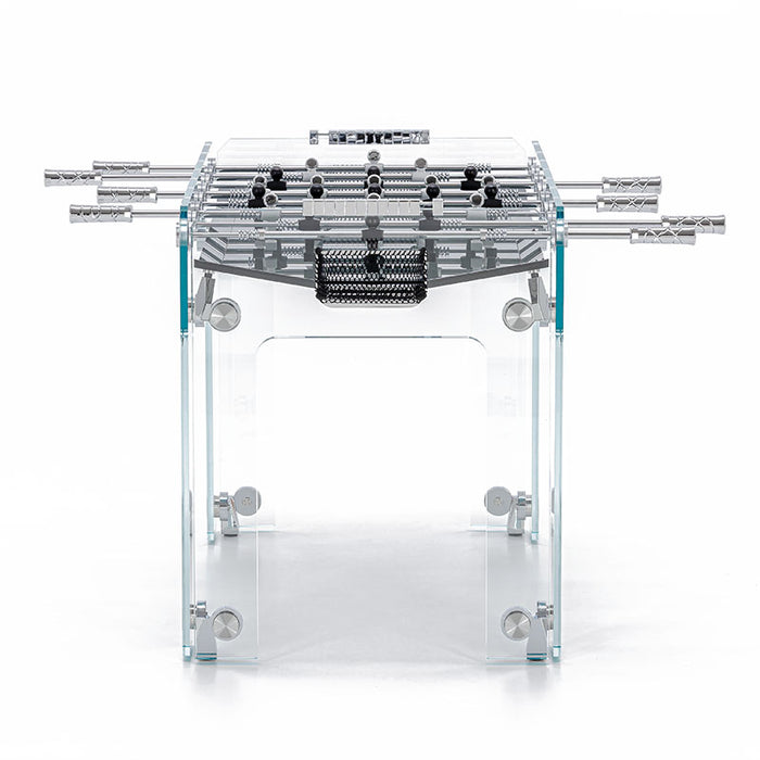 Front view displaying the overall elegant and minimalist design of the Teckell Cristallino Black Foosball Table.