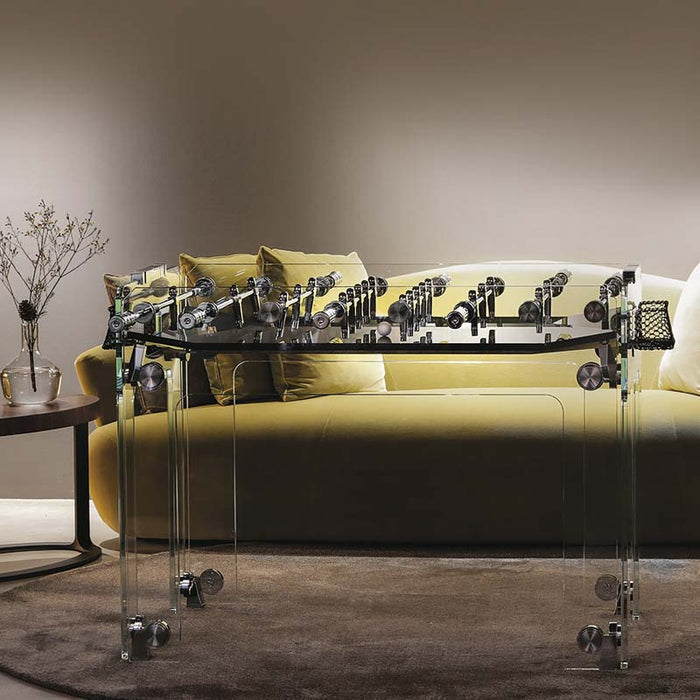 Teckell Cristallino Black Foosball Table in a modern living room environment.