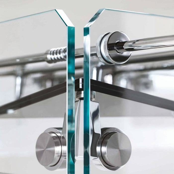 Detailed view of the Cristallino Classic Foosball Table's corner, highlighting the glass-to-metal connection and construction.