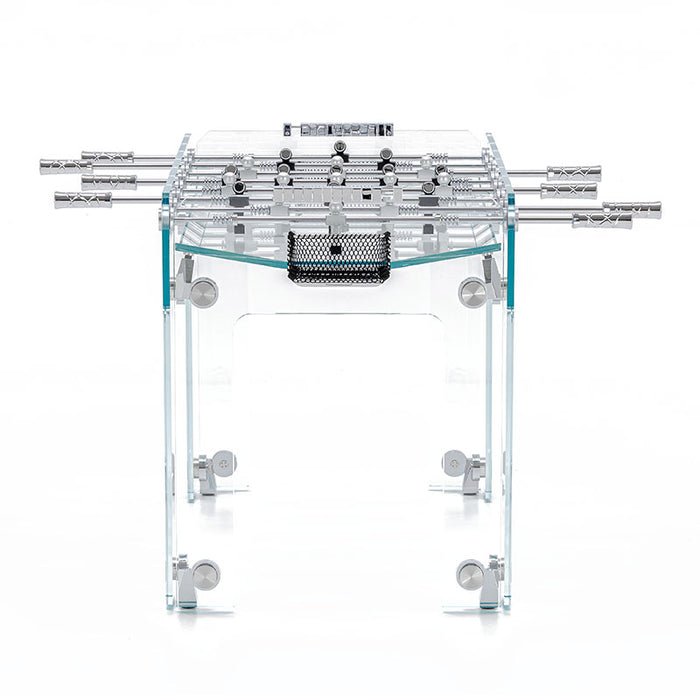 Front view of the Cristallino Classic Foosball Table with a clear glass structure and detailed player figures.