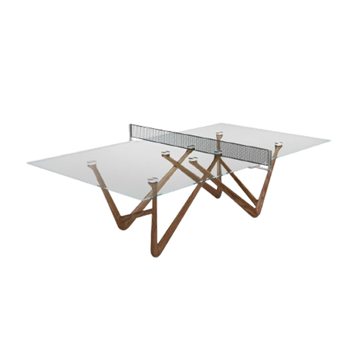 A side-angled shot of the Teckell Effetto 71 Table Tennis Table, featuring its glass top and intricately designed walnut legs, displaying its architectural appeal.