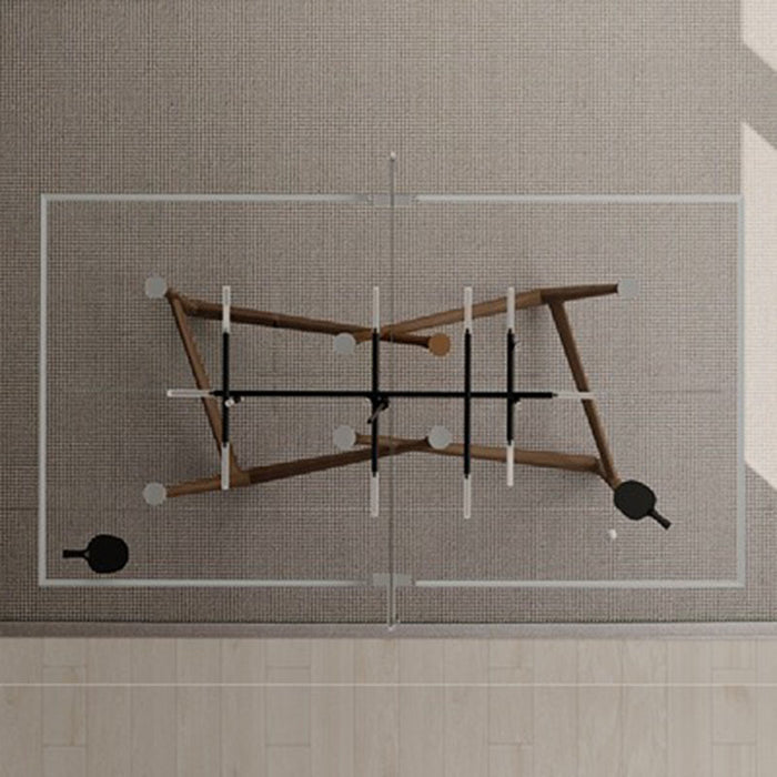 A top-down view of the Teckell Effetto 71 Table Tennis Table, offering a clear perspective of its low-iron tempered glass surface and unique structural design.