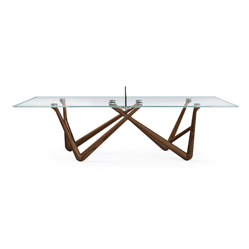 The Teckell Effetto 71 Table Tennis Table with a low-iron tempered glass surface and Canaletto walnut legs, showcased against a white background to highlight its modern and sleek design.