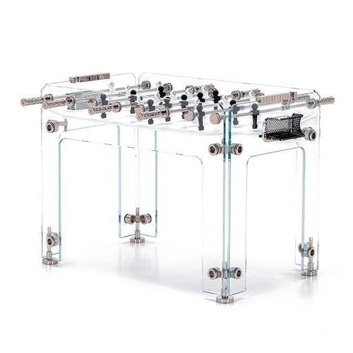 Diagonal view of the Teckell Fuoriclasse Foosball Table showcasing its transparent design and intricate detailing.