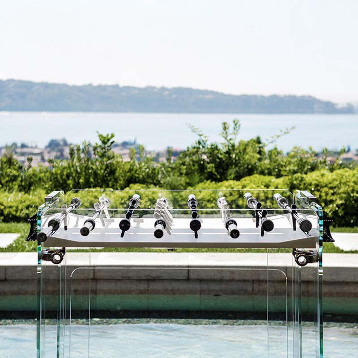 Teckell Fuoriclasse Foosball Table with a scenic backdrop, emphasizing its elegance and outdoor suitability.