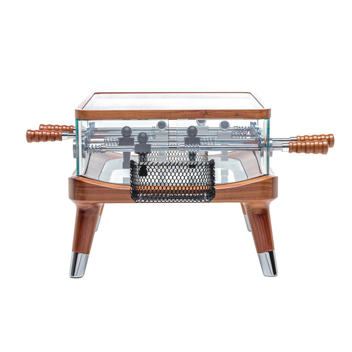 The Teckell Intervallo Foosball Coffee Table is a stylish centrepiece, offering a clear glass design and luxurious walnut accents.