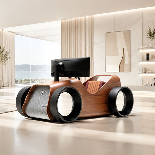 Teckell Nivola Racing Simulator with a handcrafted wooden gaming cockpit, integrated monitor and luxury design for immersive home racing simulation.