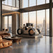 Teckell Nivola Racing Simulator showcased as a luxury design piece in a contemporary living room with panoramic city views.