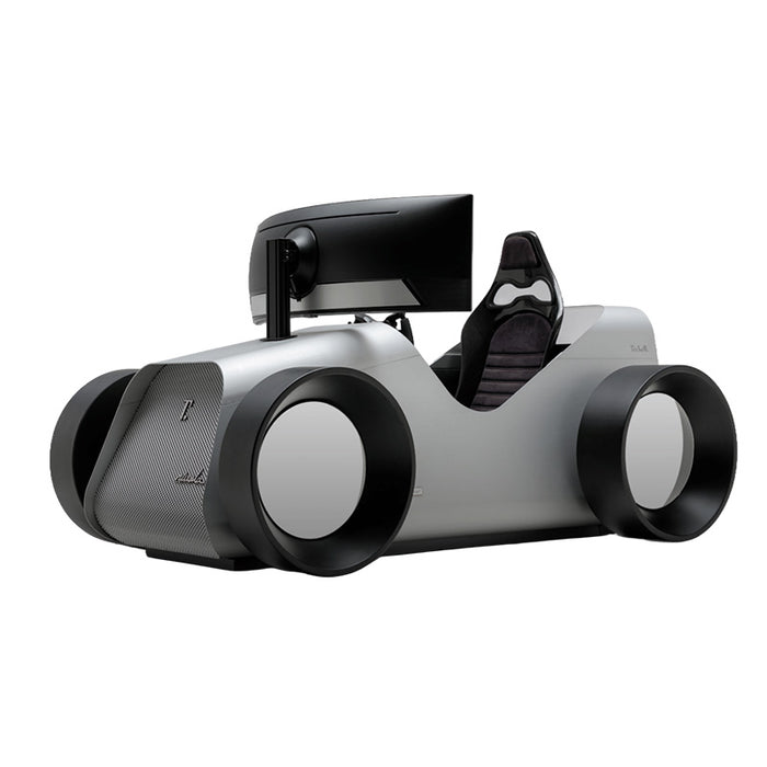 Front perspective of the silver Teckell Nivola Racing Simulator featuring premium racing seat and ultrawide monitor.