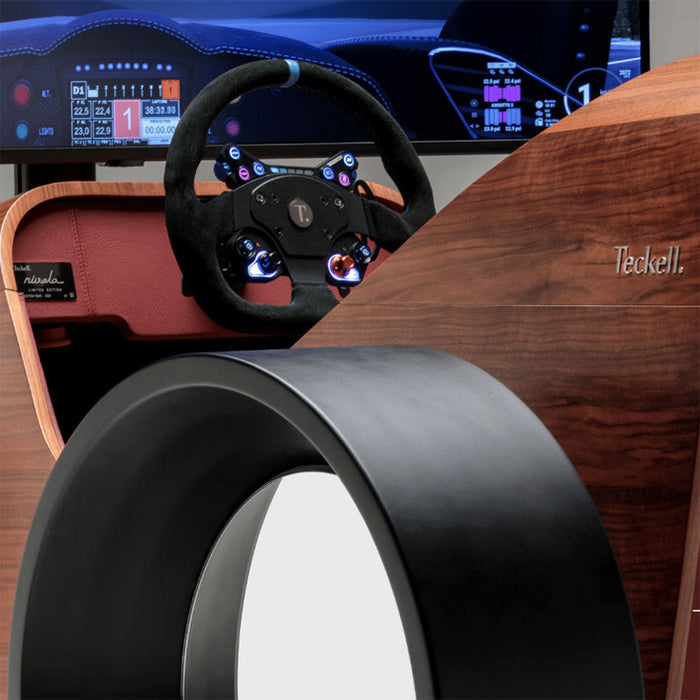 Front cockpit detail of the Teckell Nivola Racing Simulator with walnut finish, racing wheel and curved gaming monitor.