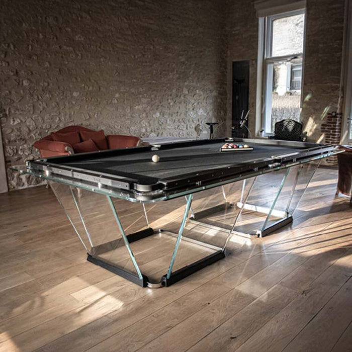 Teckell T1.1 Black Pool table in illuminated apartment.