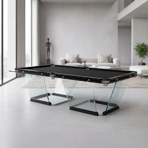 Luxury Teckell T1.1 Black Pool Table showcased in a modern penthouse with panoramic city night views, sleek lighting, and elevated wood platform styling.