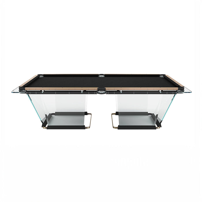 Teckell T1.1 Light Bronze Pool Table, side view showcasing transparent glass legs and sleek black surface.