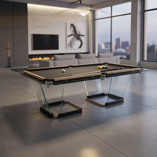 Elegant Teckell T1.3 24K Gold Pool Table with transparent glass base, set in a refined city apartment with marble fireplace, velvet chairs, and ambient lighting.