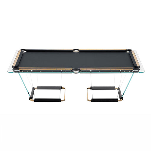 Side view of the Teckell T1.3 pool table showcasing its sleek design and 24K gold-plated brass rail inlays.