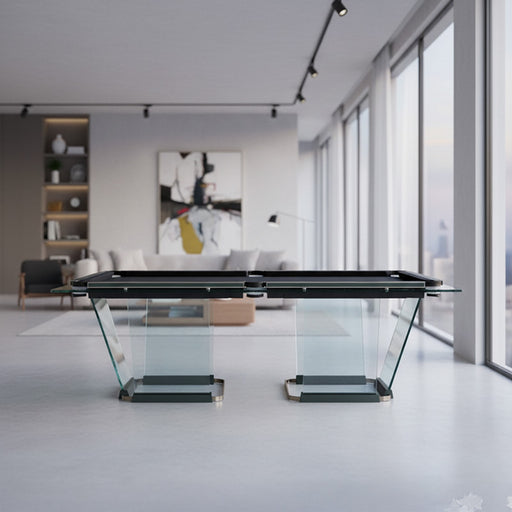 Classic Teckell T1.3 Leather Pool Table with a sleek glass base, styled in a vintage luxury games room featuring ornate rugs and elegant shelving.