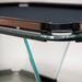 Close-up of Teckell T1.3 Wood Pool Table corner with glass support and wooden trim.