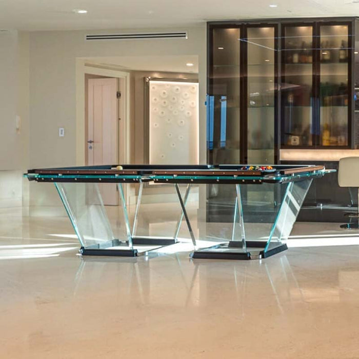 Teckell Wood Pool Table in entertainment room with bar in the background.