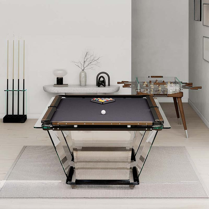 Teckell T1.3 Wood Pool Table set in a modern interior, displaying its stylish glass and wood construction.