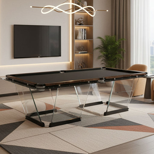 Modern Teckell T1.3 Walnut Wood Pool Table with glass supports, placed in a stylish urban loft with floor-to-ceiling windows and abstract art décor.