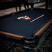 Close-up view of playing surface of Teckell T1.3 Wood Pool Table with cues and balls.