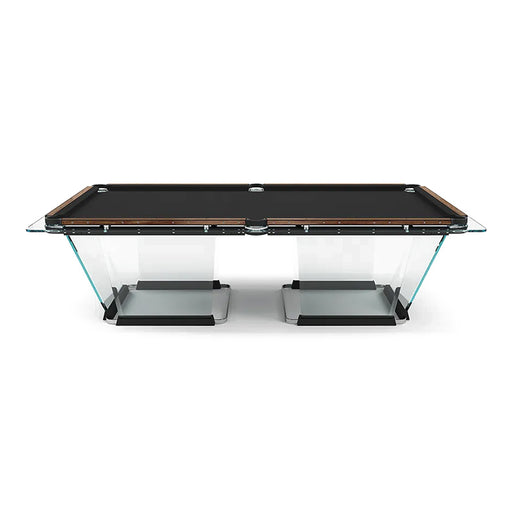 Teckell T1.3 Wood Pool Table with glass base, black felt, and wooden rails.