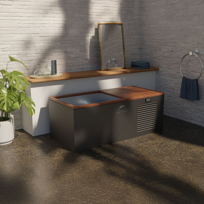 The Three Degree Club Rocky Ice Bath showcased in a modern space, featuring stylish red cedar panels and stainless steel components for luxury and functionality.