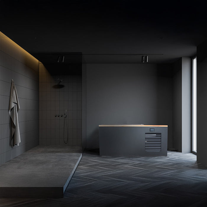 A luxurious Rocky Ice Bath by Three Degree Club in a sophisticated shower room, highlighting the high-end design and versatility for cold water immersion or relaxation.