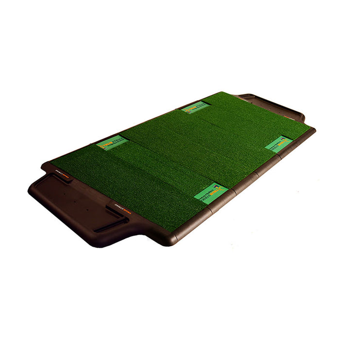 Angled view of True Strike Double golf mat with elevated edges.