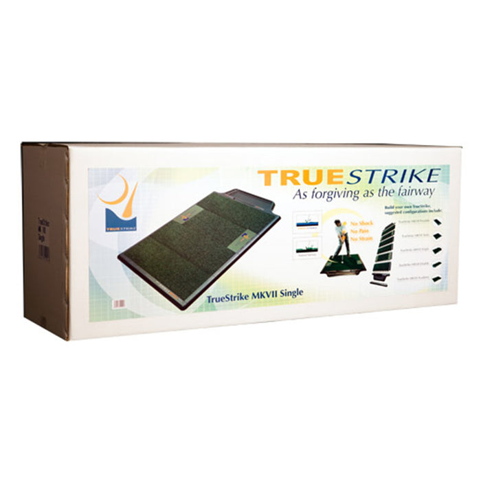 Packaging of True Strike Single golf mat with product information.