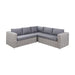 A complete view of the grey rattan Tuscany Outdoor Corner Seating Set, featuring a left arm sofa and right arm sofa, ideal for garden lounging.