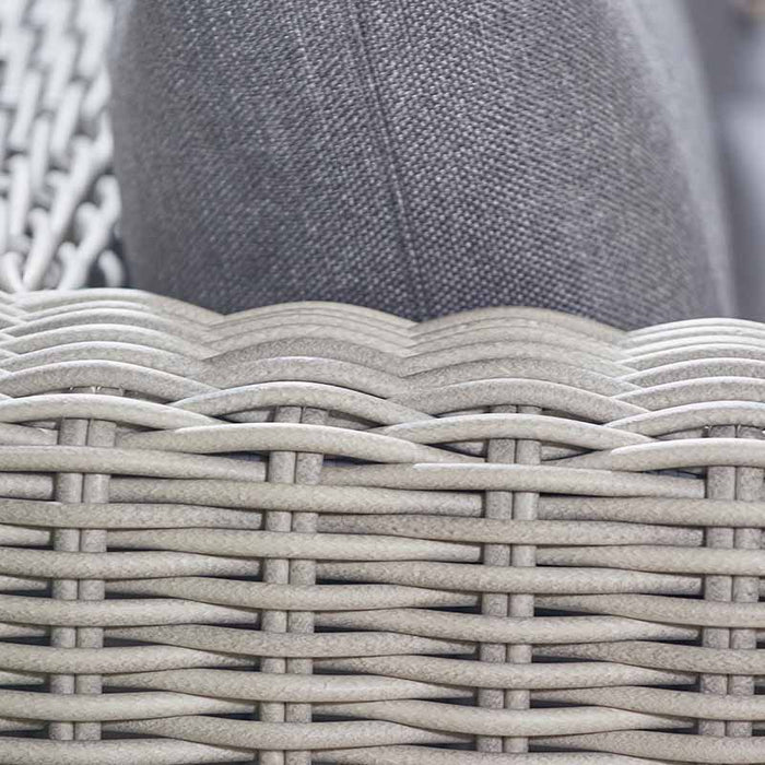 A detailed close-up of the grey rattan weave used in the Tuscany Outdoor Corner Seating Set, showcasing its sturdy and stylish design.