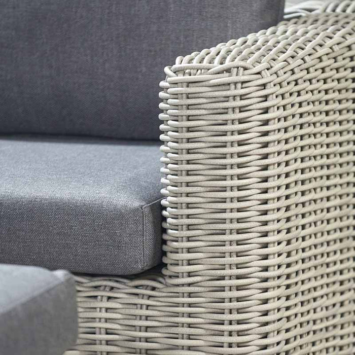 Close-up of armrest wicker pattern on Tuscany Outdoor Corner Seating Set.