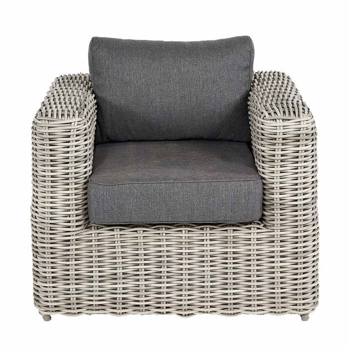 Single armchair from the Tuscany Outdoor Seating Set, showcasing a modern design with grey rattan weave and comfortable anthracite cushions.