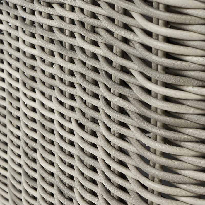 Close-up of the woven texture of the grey rattan on the Tuscany Outdoor Seating Set, demonstrating the durable and stylish material.