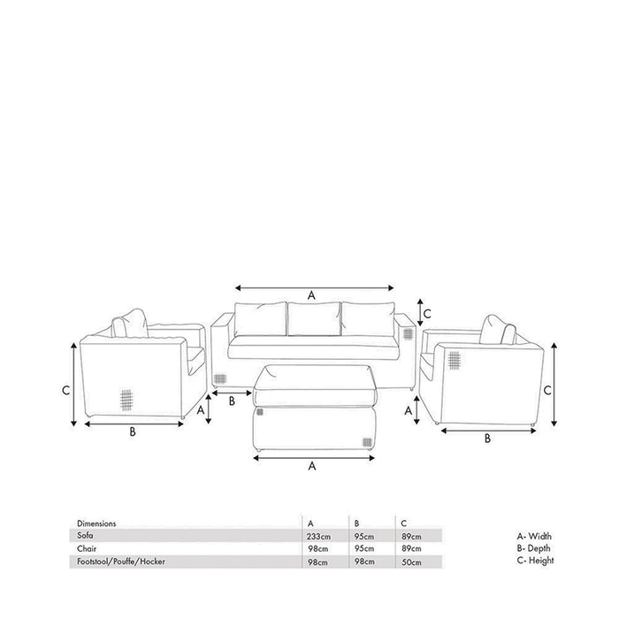 Diagram showing the dimensions of the Tuscany Outdoor Seating Set, including sofa, chairs, and footstool measurements to assist with fitting and planning in your outdoor space.