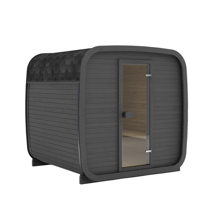 Ula Classic 6-person sauna in charcoal black finish with an elegant black shingle roof, ideal for contemporary garden spa setups.