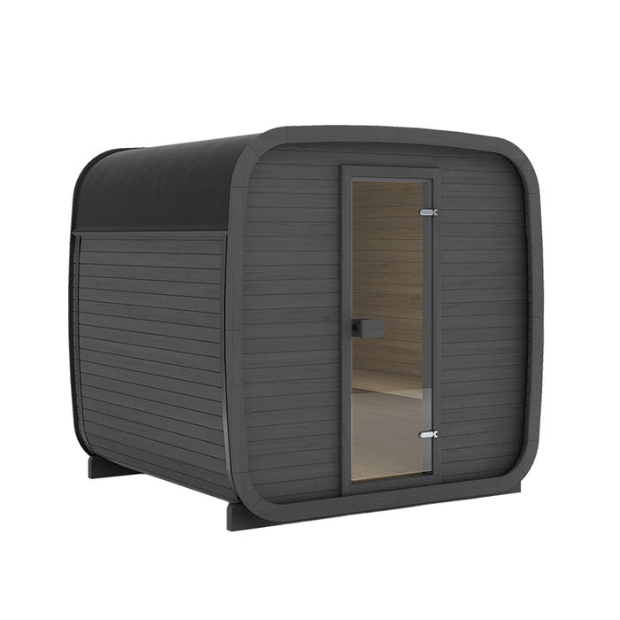 Ula Classic 6-person outdoor sauna in charcoal black wood finish with a seamless roof, offering a sleek, modern look for luxury outdoor wellness.