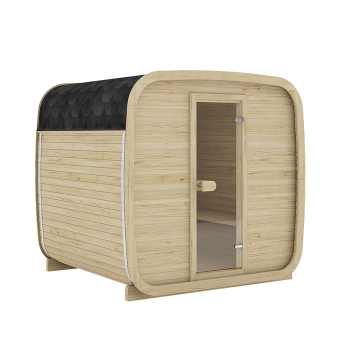 Ula Classic 6-person outdoor sauna in light wood with a black shingle roof, combining natural aesthetics with premium outdoor spa functionality.