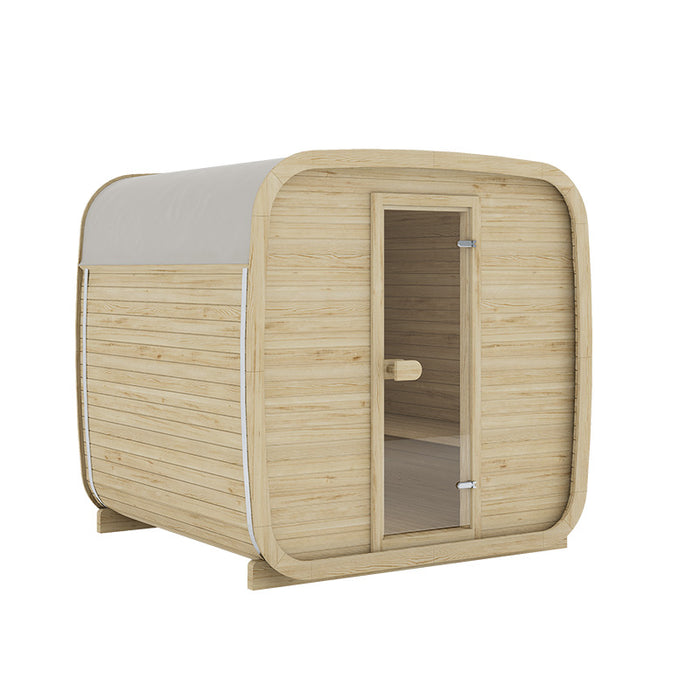 Ula Classic 6-person outdoor sauna in light wood finish with a smooth curved roof, crafted for stylish relaxation and wellness in any garden or outdoor setting.