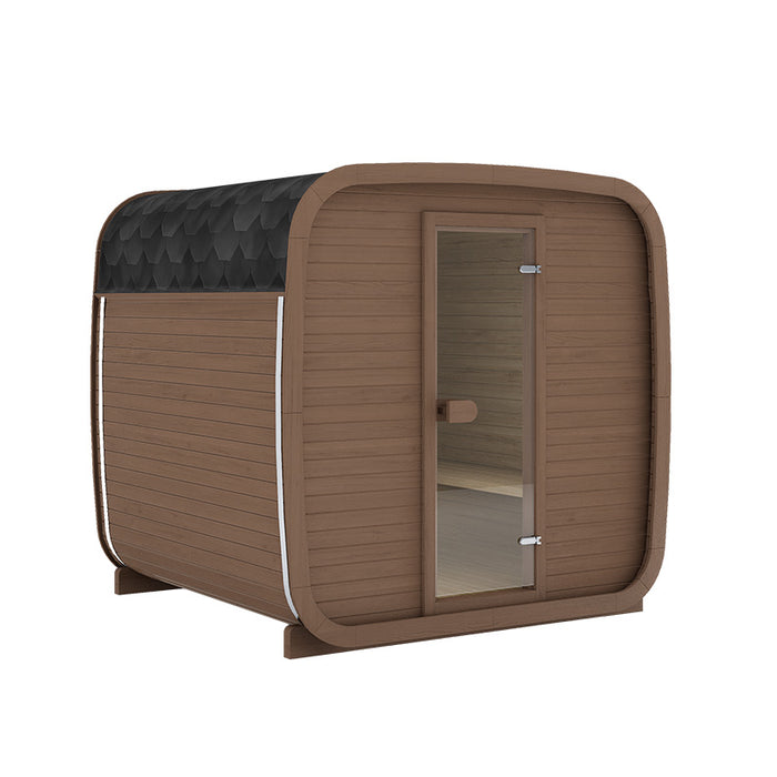 Ula Classic outdoor 6-person sauna in walnut brown with a textured black shingle roof, combining rustic charm with high-end spa design.