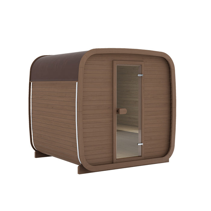 Ula Classic 6-person sauna in rich walnut brown with a smooth curved roof, perfect for warm, earthy outdoor spa aesthetics.