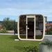 Ula Classic 6-person sauna in a whitewashed finish, elegantly placed on a rooftop terrace with city views, ideal for premium outdoor wellness.