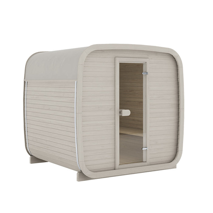 Ula Classic outdoor sauna for 6 people in a whitewashed wood finish with smooth roofing, designed for Scandinavian-inspired outdoor spa experiences.