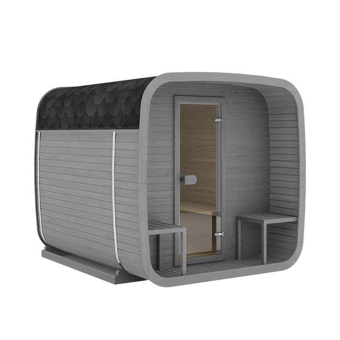 Ula Grand 6-Person Outdoor Sauna in RAL 7037 exterior with black bitumen roof