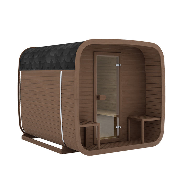 Ula Grand 6-Person Outdoor Sauna in RAL 8017 exterior with black bitumen roof
