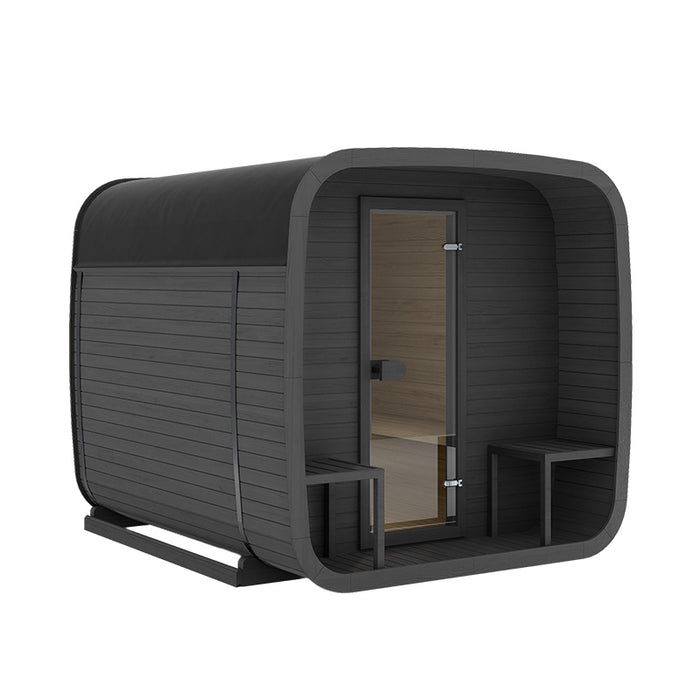 Ula Grand 6-Person Outdoor Sauna in RAL 9004 exterior with light canvas roof