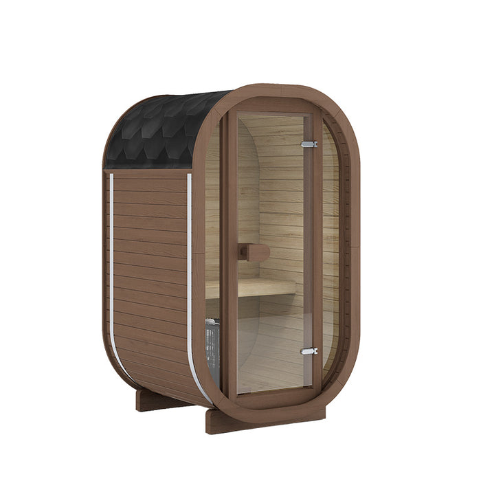 Ula Micro 2-person outdoor sauna in warm brown wood finish, featuring a rounded modern structure, clear glass door, and inviting timber interior for relaxing garden spa sessions.