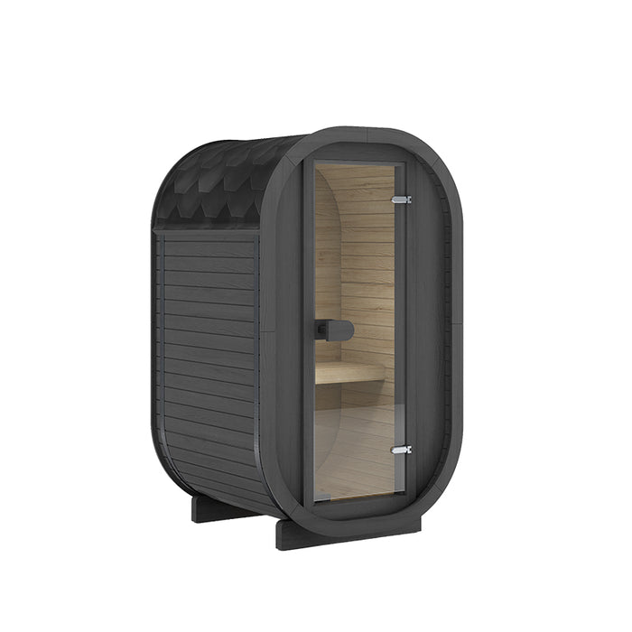 Modern Ula Micro 2-person outdoor sauna finished in full black timber, featuring a curved silhouette, transparent glass door, and warm wooden interior for luxury home spa use.